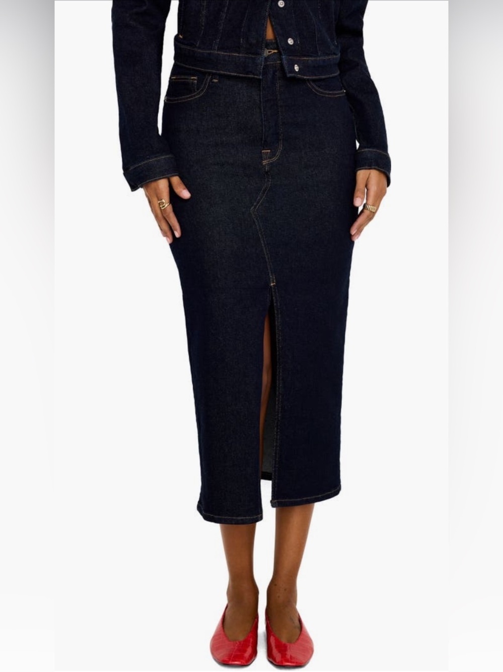 Good American Front Slit Denim Midi Skirt